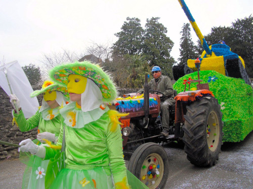 Une partie de la cavalcade avec des costumes rappelant la nature, suivis d’un tracteur tirant un char décoré, lors du carnaval de Géronce en 2011.